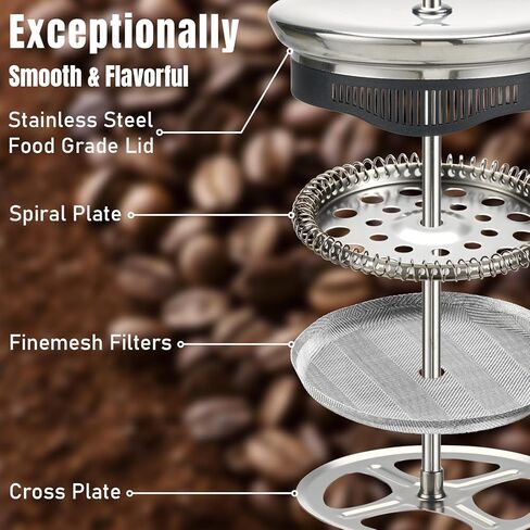 KYZ French Press Coffee Maker, 304 Stainless Steel with 4 Level Filter, 20oz Borosilicate Glass Coffee Press, Heat Resistant, Easy to Clean, 100% BPA Free for Coffee & Tea in Saudi Arabia
