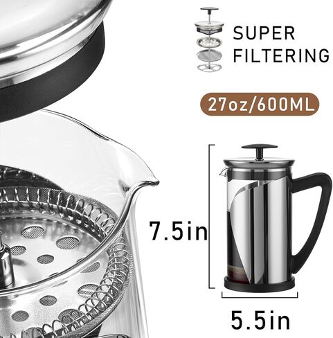 KYZ French Press Coffee Maker, 304 Stainless Steel with 4 Level Filter, 20oz Borosilicate Glass Coffee Press, Heat Resistant, Easy to Clean, 100% BPA Free for Coffee & Tea in Saudi Arabia
