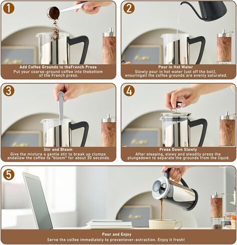 KYZ French Press Coffee Maker, 304 Stainless Steel with 4 Level Filter, 20oz Borosilicate Glass Coffee Press, Heat Resistant, Easy to Clean, 100% BPA Free for Coffee & Tea in Saudi Arabia