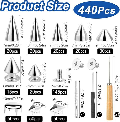 NEBURORA 440Pcs Punk Spikes and Studs Kit for Clothing,Metal Leather Rivets Square Pyramid Dome Rivets DIY Punk Style Clothing Shoes Jacket Collar in Saudi Arabia