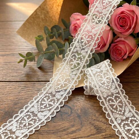 7.5 Yards Heart Lace Ribbon White Lace Trim (1.1 Inch Wide) - Vintage Polyester Sewing Fabric for Crafts, Bridal Wedding Decoration, Gift Wrapping, Scrapbooking & DIY Headbands - Non-Stretch in Saudi Arabia