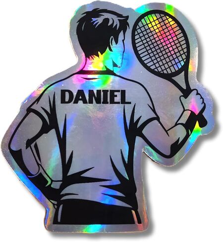 Custom Tennis Player Sticker for Men, Personalized Holographic Male Tennis Decal with Name, Vinyl Sports Sticker for Laptop Water Bottle Gear in Saudi Arabia