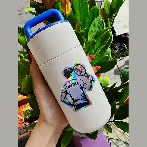 Custom Tennis Player Sticker for Men, Personalized Holographic Male Tennis Decal with Name, Vinyl Sports Sticker for Laptop Water Bottle Gear in Saudi Arabia