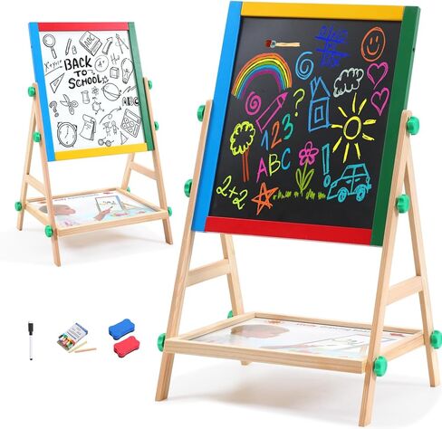 Wooden Art Easel for Kids, 2 in 1 Multi-Functional Double-Sided Adjustable Blackboard/Whiteboard with Storage Tray, Designed for Toddlers' Drawing and Doodling (Magnetic Easel) in Saudi Arabia