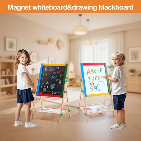 Wooden Art Easel for Kids, 2 in 1 Multi-Functional Double-Sided Adjustable Blackboard/Whiteboard with Storage Tray, Designed for Toddlers' Drawing and Doodling (Magnetic Easel) in Saudi Arabia