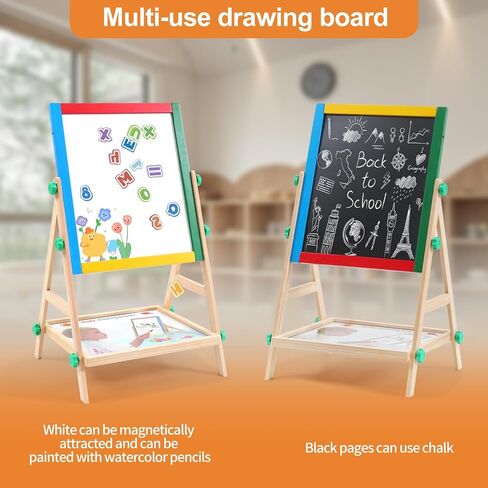 Wooden Art Easel for Kids, 2 in 1 Multi-Functional Double-Sided Adjustable Blackboard/Whiteboard with Storage Tray, Designed for Toddlers' Drawing and Doodling (Magnetic Easel) in Saudi Arabia