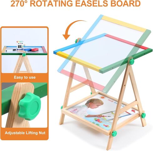 Wooden Art Easel for Kids, 2 in 1 Multi-Functional Double-Sided Adjustable Blackboard/Whiteboard with Storage Tray, Designed for Toddlers' Drawing and Doodling (Magnetic Easel) in Saudi Arabia