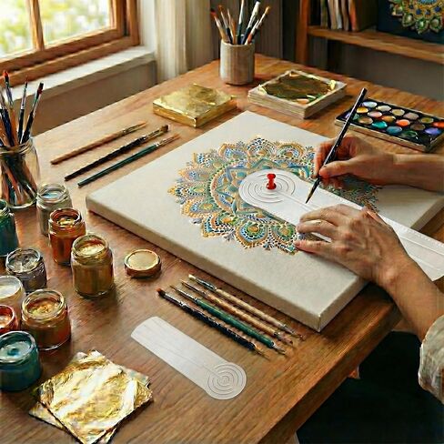 قطعتان من أداة رسم دائرة مسطرة ماندالا مع 50 قطعة من دبابيس الدفع: استنسل دائرة بوصلة أكريليك شفاف - رسم دوائر متحدة المركز تصل إلى 8.5 بوصة و19.5 بوصة للفن النقطي والأنماط الهندسية وشبكات الرسم in Kuwait