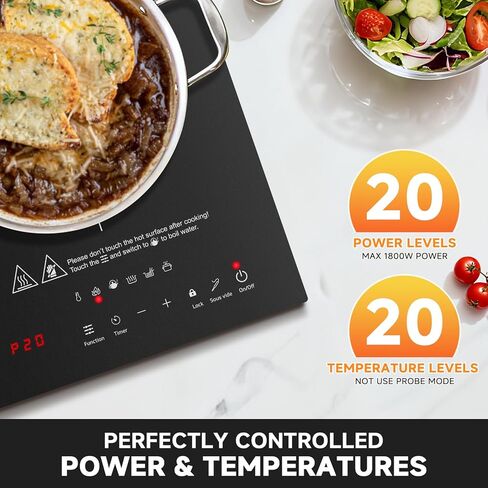 AMZCHEF Portable-Induction-Cooktop: 74 Temperature Levels Induction Burner with Digital Probe, 1800W Countertop Burner with 20 Power Levels, 6.5" Heating Coil, Low Noise Electric Cooktops with Timer in Kuwait
