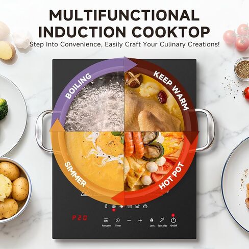 AMZCHEF Portable-Induction-Cooktop: 74 Temperature Levels Induction Burner with Digital Probe, 1800W Countertop Burner with 20 Power Levels, 6.5" Heating Coil, Low Noise Electric Cooktops with Timer in Kuwait