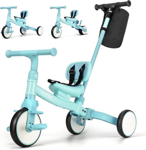 5 in 1 Toddler Tricycle with Steering Push Handle for 1 2 3 4 Years Old, Kids Trike with Removable Pedals, First Riding Toy Birthday Gift for Boys Girls, Blue in Kuwait