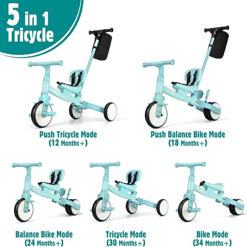 5 in 1 Toddler Tricycle with Steering Push Handle for 1 2 3 4 Years Old, Kids Trike with Removable Pedals, First Riding Toy Birthday Gift for Boys Girls, Blue in Kuwait