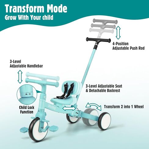 5 in 1 Toddler Tricycle with Steering Push Handle for 1 2 3 4 Years Old, Kids Trike with Removable Pedals, First Riding Toy Birthday Gift for Boys Girls, Blue in Kuwait