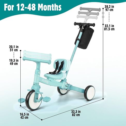 5 in 1 Toddler Tricycle with Steering Push Handle for 1 2 3 4 Years Old, Kids Trike with Removable Pedals, First Riding Toy Birthday Gift for Boys Girls, Blue in Kuwait