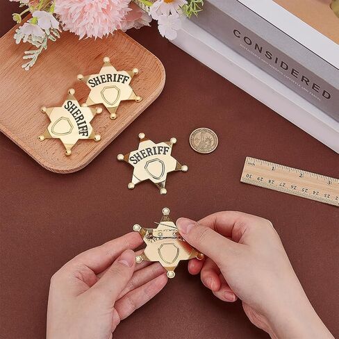 FINGERINSPIRE 4 قطع شارة شريف معدنية مقاس 2.36 × 2.1 بوصة دبوس بروش على شكل نجمة من خليط معدني مع نقش "شريف"، شارات غربية بلون بلاتيني للأزياء التنكرية وحفلات رعاة البقر ومستلزمات لعب الأدوار in Kuwait