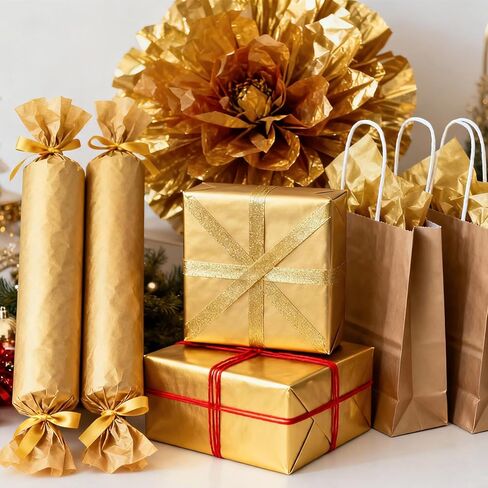مناديل ورقية ذهبية لأكياس الهدايا 25 ورقة - 20 × 20 بوصة، مناديل تغليف هدايا قابلة لإعادة التدوير لعيد الميلاد وحفلات الزفاف وأعياد الميلاد وديكورات الحفلات والمهرجانات لوازم الحرف اليدوية ذاتية الصنع in Kuwait