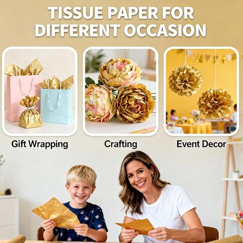 مناديل ورقية ذهبية لأكياس الهدايا 25 ورقة - 20 × 20 بوصة، مناديل تغليف هدايا قابلة لإعادة التدوير لعيد الميلاد وحفلات الزفاف وأعياد الميلاد وديكورات الحفلات والمهرجانات لوازم الحرف اليدوية ذاتية الصنع in Kuwait