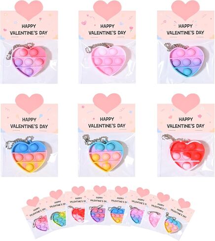 Valentines Day Gifts for Kids - 12 Pack Valentine's Cards with Heart Pop Keychains Bulk - Valentine Fidget Toy Gift for Kids School Classroom Class Exchange Boys Girls Party Favor in Kuwait