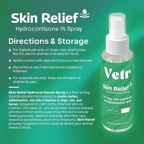 vetr Skin Relief Hydrocortisone Spray for Dogs - Topical Support for Itchy Skin and Hot Spots - 4 oz (120mL) - Vet-Formulated in USA in Kuwait