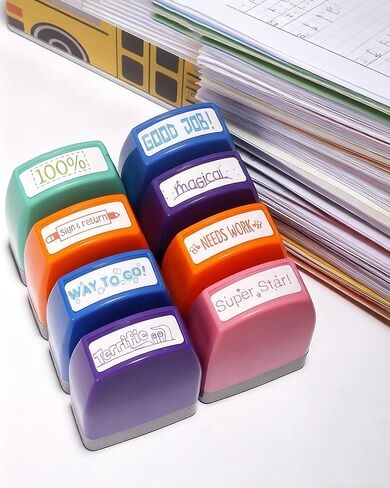 WAFJAMF 8-Pack Teacher Stamps for Grading Self-Inking School Stamp Set for Homework Reward Classroom Evaluation Portable Teacher Stamps for Elementary Educators in Saudi Arabia