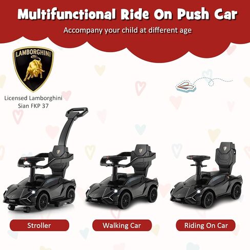 INFANS 3 in 1 Ride on Push Car, Licensed Lamborghini Baby Stroller Sliding Walking Car with Push Handle, Music, USB, Headlight, Under Seat Storage, Kids Foot-to-Floor Toy for 18-60 Months (Black) in Kuwait