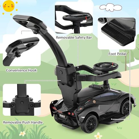 INFANS 3 in 1 Ride on Push Car, Licensed Lamborghini Baby Stroller Sliding Walking Car with Push Handle, Music, USB, Headlight, Under Seat Storage, Kids Foot-to-Floor Toy for 18-60 Months (Black) in Kuwait