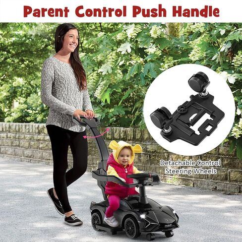 INFANS 3 in 1 Ride on Push Car, Licensed Lamborghini Baby Stroller Sliding Walking Car with Push Handle, Music, USB, Headlight, Under Seat Storage, Kids Foot-to-Floor Toy for 18-60 Months (Black) in Kuwait