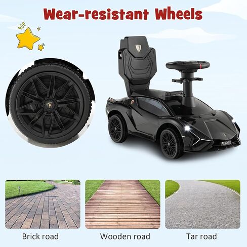 INFANS 3 in 1 Ride on Push Car, Licensed Lamborghini Baby Stroller Sliding Walking Car with Push Handle, Music, USB, Headlight, Under Seat Storage, Kids Foot-to-Floor Toy for 18-60 Months (Black) in Kuwait