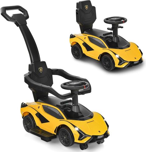 INFANS 3 in 1 Ride on Push Car, Licensed Lamborghini Baby Stroller Sliding Walking Car with Push Handle, Music, USB, Headlight, Under Seat Storage, Kids Foot-to-Floor Toy for 18-60 Months (Black) in Kuwait