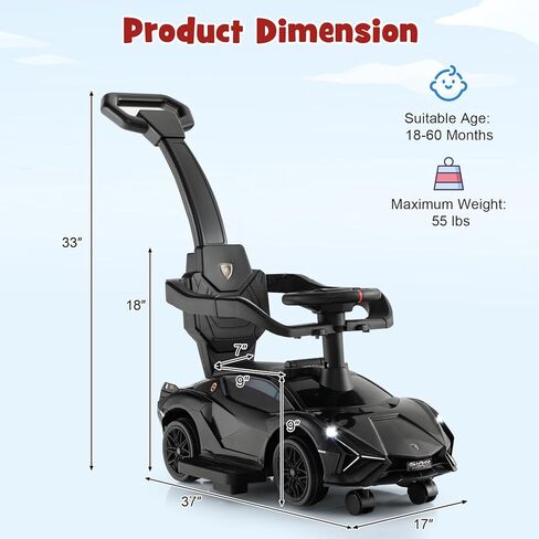 INFANS 3 in 1 Ride on Push Car, Licensed Lamborghini Baby Stroller Sliding Walking Car with Push Handle, Music, USB, Headlight, Under Seat Storage, Kids Foot-to-Floor Toy for 18-60 Months (Black) in Kuwait