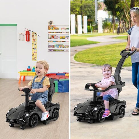 INFANS 3 in 1 Ride on Push Car, Licensed Lamborghini Baby Stroller Sliding Walking Car with Push Handle, Music, USB, Headlight, Under Seat Storage, Kids Foot-to-Floor Toy for 18-60 Months (Black) in Kuwait
