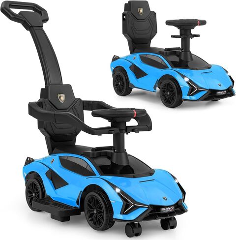 INFANS 3 in 1 Ride on Push Car, Licensed Lamborghini Baby Stroller Sliding Walking Car with Push Handle, Music, USB, Headlight, Under Seat Storage, Kids Foot-to-Floor Toy for 18-60 Months (Black) in Kuwait