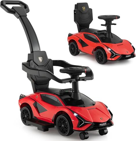 INFANS 3 in 1 Ride on Push Car, Licensed Lamborghini Baby Stroller Sliding Walking Car with Push Handle, Music, USB, Headlight, Under Seat Storage, Kids Foot-to-Floor Toy for 18-60 Months (Black) in Kuwait