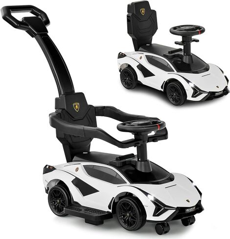 INFANS 3 in 1 Ride on Push Car, Licensed Lamborghini Baby Stroller Sliding Walking Car with Push Handle, Music, USB, Headlight, Under Seat Storage, Kids Foot-to-Floor Toy for 18-60 Months (Black) in Kuwait