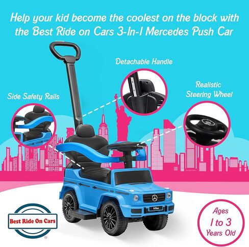 عربة أطفال للأماكن الخارجية من Best Ride On Cars Mercedes G-Wagon 3 في 1 مع مقبض قابل للفصل وقضبان أمان وقرن عمل، أزرق in Kuwait