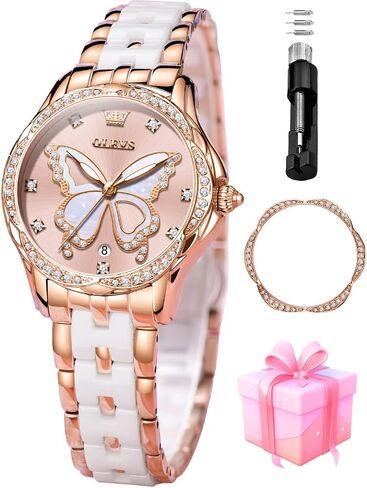 ساعات OLEVS للنساء باللون الذهبي الوردي بلونين موضة الأبيض السيراميك ساعات المعصم للسيدات الوردي/الأحمر الهاتفي الفولاذ المقاوم للصدأ مقاوم للماء التاريخ in Kuwait