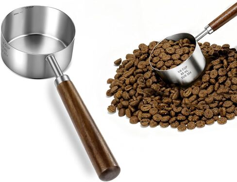 Stainless Steel Dog Food Scoop 1 Cup, Dog Food Measuring Cup With Measuring Lines (Cup/ML) & Long Wooden Handle, Metal Pet Food Scoop For Dogs, Cats and Kitchen Use, Dishwasher Safe in Kuwait
