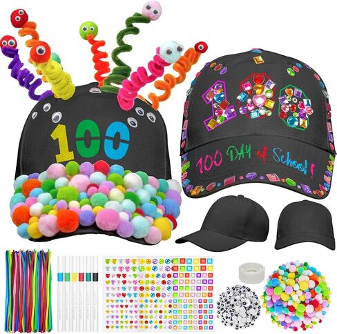 Cinrobiye 3 Pcs 100 Days of School DIY Hats 100th Day of School Adjustable Baseball Cap Craft Activity with Accessories in Kuwait