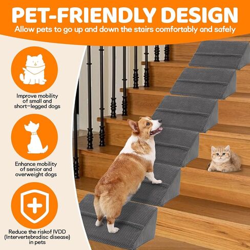 Upgrade Non-Slip Dog Ramps/Stairs for Staircase, Foam Dog Ramps for Stairs Inside House, Foam Pet Ramps for Small Dogs, Stair Ramp for Injured Dogs Cats with Self-Sticky Pads to Fix, 6 Pack in Kuwait