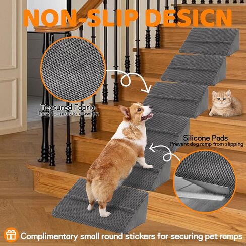 Upgrade Non-Slip Dog Ramps/Stairs for Staircase, Foam Dog Ramps for Stairs Inside House, Foam Pet Ramps for Small Dogs, Stair Ramp for Injured Dogs Cats with Self-Sticky Pads to Fix, 6 Pack in Kuwait
