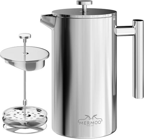 ماكينة صنع القهوة الفرنسية من ميرمو ييلان، سعة 34 أونصة معزولة من الفولاذ المقاوم للصدأ، ماكينة صنع القهوة غير القابلة للكسر، سهلة التنظيف للمنزل والتخييم والسفر (أسود) in Kuwait