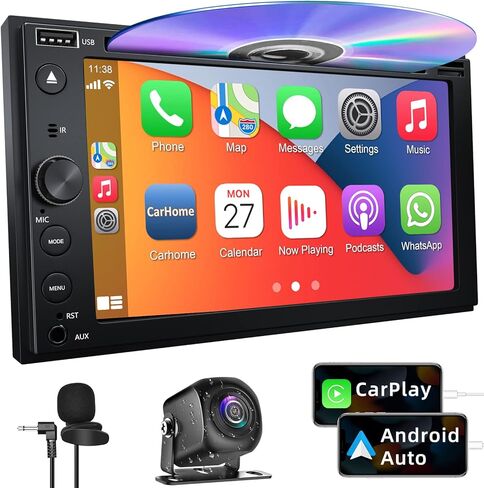 Double Din Car Stereo with CD/DVD Player, Apple CarPlay/Android Auto 7" Double din Radio with Backup Camera, Mirror Link, Bluetooth, AM FM Radio Receiver, SWC, Subwoofer, USB/TF/AUX in Saudi Arabia