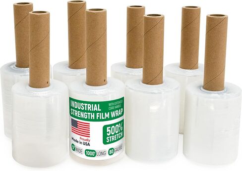 5" x 1000' Industrial Strength Clear Stretch Wrap with Extended Core Handle, Ready to Use Pack of 1 Stretch Film Mini Roll, 80 Gauge Thick, 500% Elongation - Shrink Wrap for Moving, Packing in Saudi Arabia