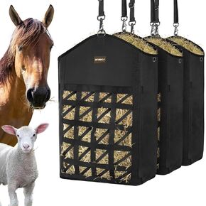 Ultra-Slow Feed Hay Bag for Horses, 3 Packs Hay Bags with Net Front Design,Wide Opening for Easy Filling,Two Types of Hanging for Feeding Goats, Sheep and Donkeys (3 Black) in Kuwait