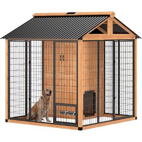 PawHut 7' x 5' Extra Large Outdoor Dog Kennel, Walk-in Wood Dog House with External Storage Cabinet, Platform, Stairs, Pet Shelter with Waterproof Roof, Stainless Steel Bowls for Large Breeds, Yellow in Kuwait