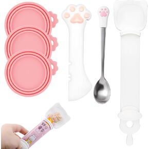 6 PCS Cat Food Can Covers Set, Reusable Silicone Can Lids with Opener, Stainless Steel Wet Food Spoon & Cat Treat Squeezer for Pet Feeding and Storage, Fits Cats & Dogs in Kuwait