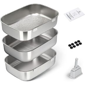 Triple Pan Stainless Steel Sifting Cat Litter Box, Large High Sided Metal Litter Box for Big Cats up to 20lbs, Odor-Free Non-Stick Easy Clean System, No Scooping Sifter Tray for Multi-Cat Homes in Kuwait