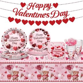 122 PCS Valentine‘s Day Party Supplies, Disposable Tableware Set Include Valentines Plates and Napkins, Cups, Forks, Banner and Tablecloth for Valentine's Day Party Decorations, Serve 24 in Saudi Arabia