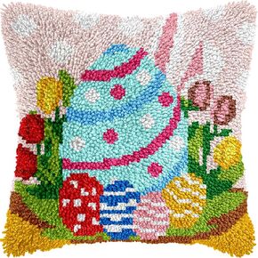 QIONG MENG Latch Hook Kits for Adults, DIY Easter Eggs Bunny Pattern Pillow Cover Kit Needlework Cushion Cover Hand Craft Crochet for Home Sofa Decorations 17 x 17 Inch in Kuwait