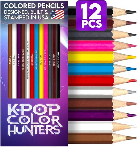 KPop Color Hunters Colored Pencil Set - 12 Pencils with Clever Foil-Stamped Names, KPop Demon Hunters-Inspired, Soft Core Pencils for Coloring Books, Drawing, Ideal Gift for Kpop Hunter Fans in Saudi Arabia